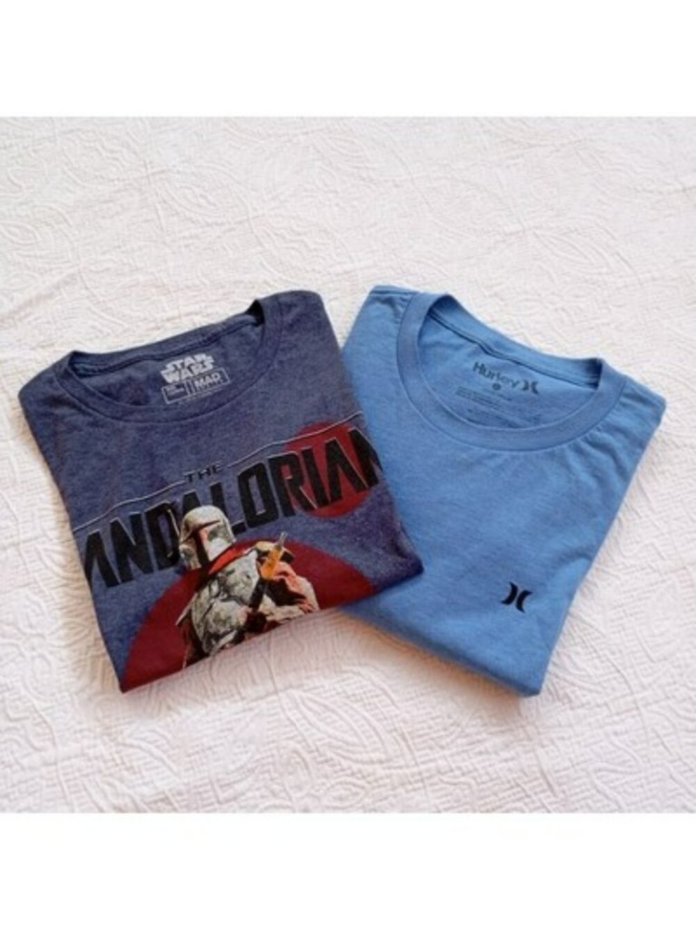 PACK 2 Star Wars Mandalorian T-Shirt Hurley Blue Logo Tee Sz L Mens Casual Wear